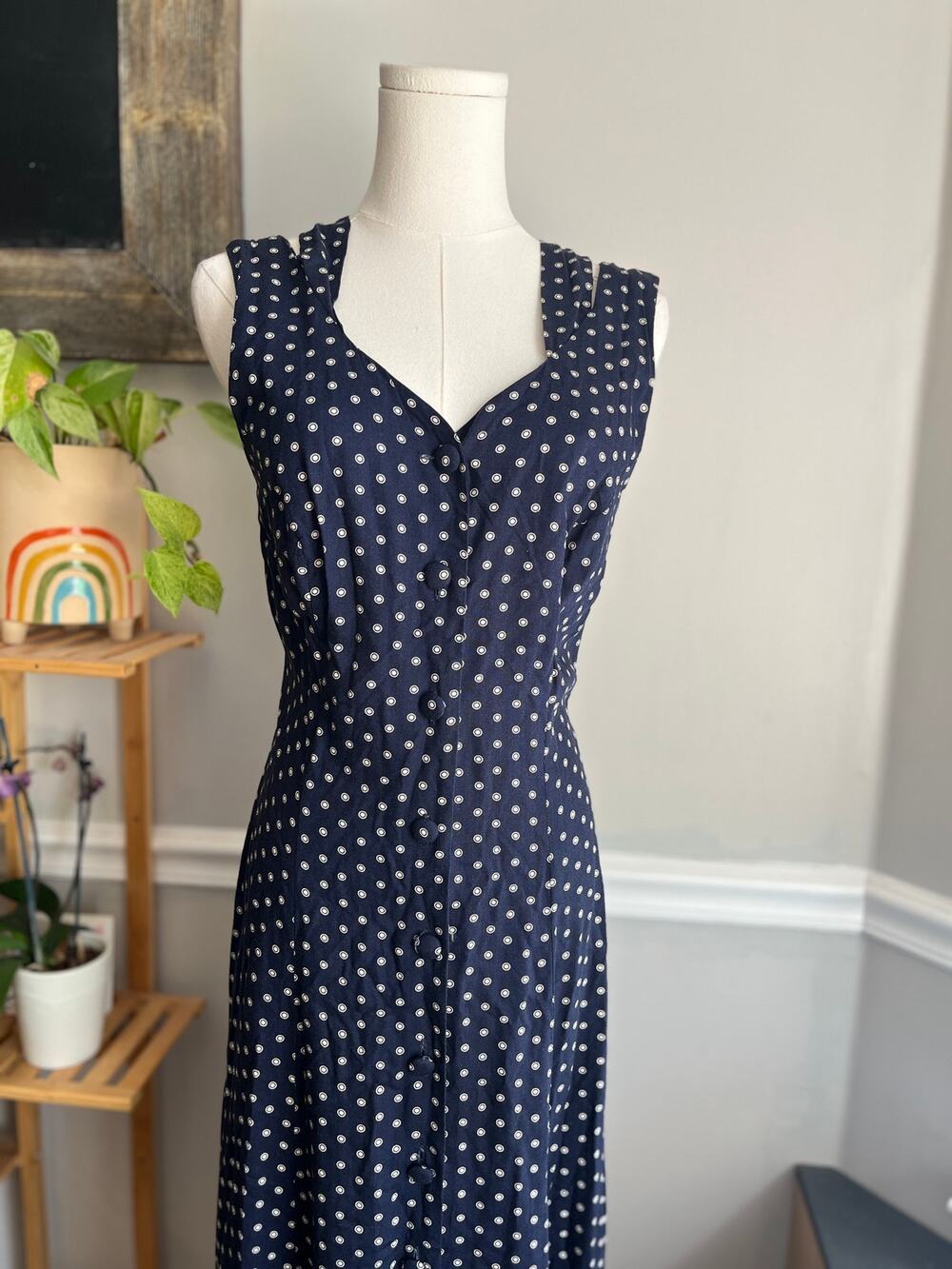 Vintage 90s Maxi Dress Navy Cream Polka Dots Button Front Rayon Size Small